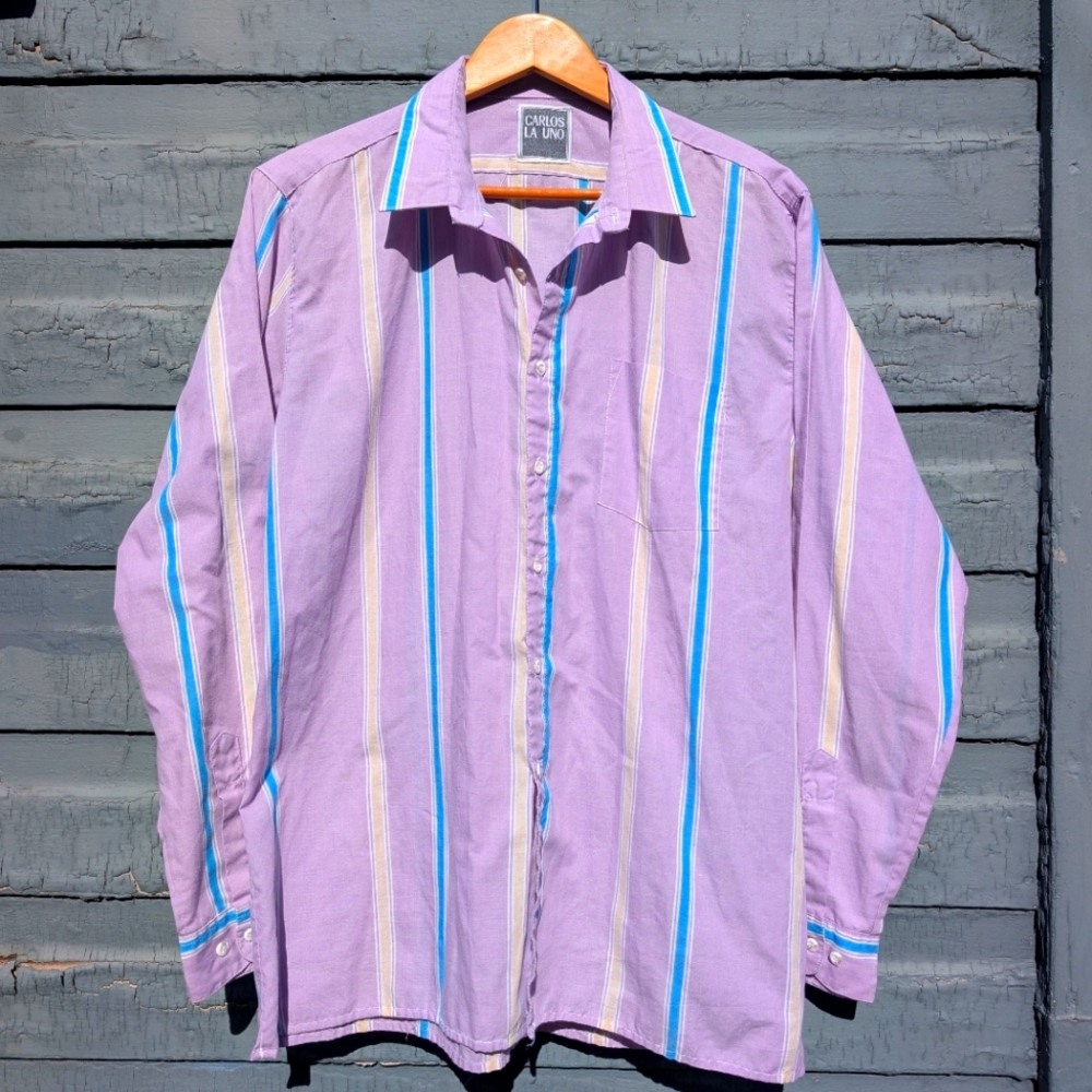 Vintage Men's Casual Button Down Shirt Carlos La Uno Size 42 Pink Striped